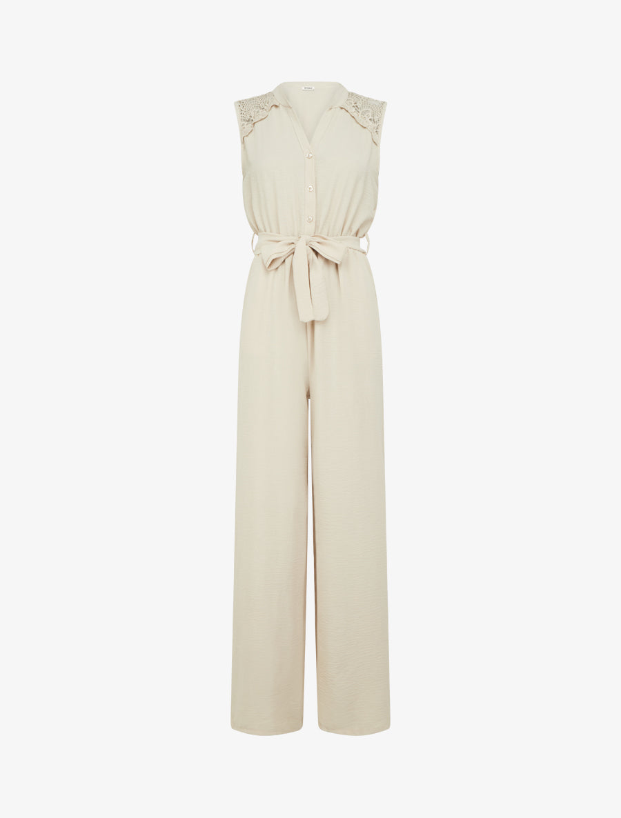 Combinaison boutonnée à épaules en dentelle - Beige - 1