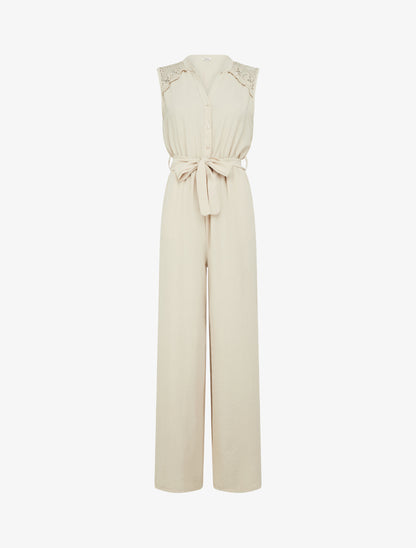 Combinaison boutonnée à épaules en dentelle - Beige - 1