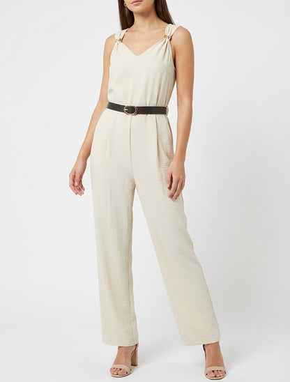 Einfarbiger Overall mit Schmuckeinsatz - Beige
