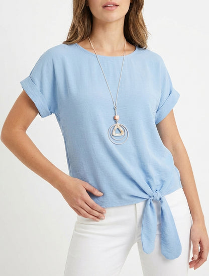 Kurzarm-Top zum Binden - Himmelblau