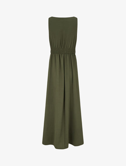 Robe longue évasée à bretelles perlées - Kaki - 2