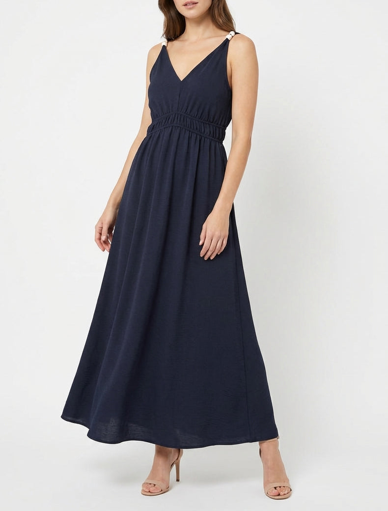 Langes ausgestelltes Kleid mit Perlenriemen - Marine