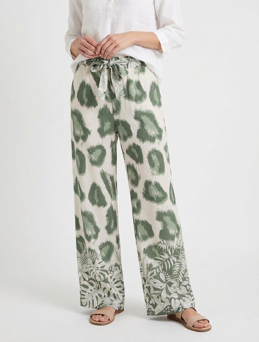 Weit geschnittene Hose mit fantasievollem Leopardenmuster - Kaki