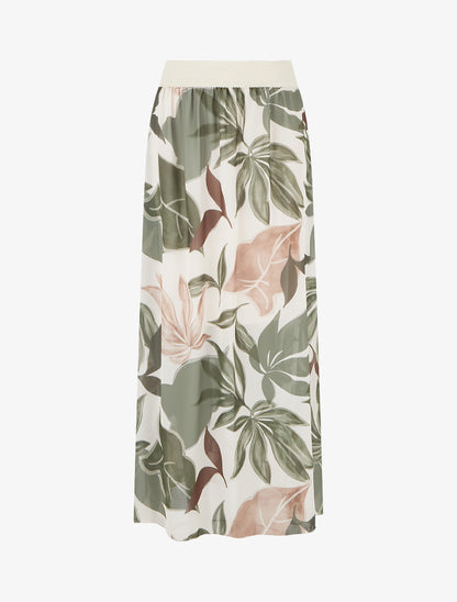 Jupe élastiquée à imprimé grandes feuilles - Kaki - 1