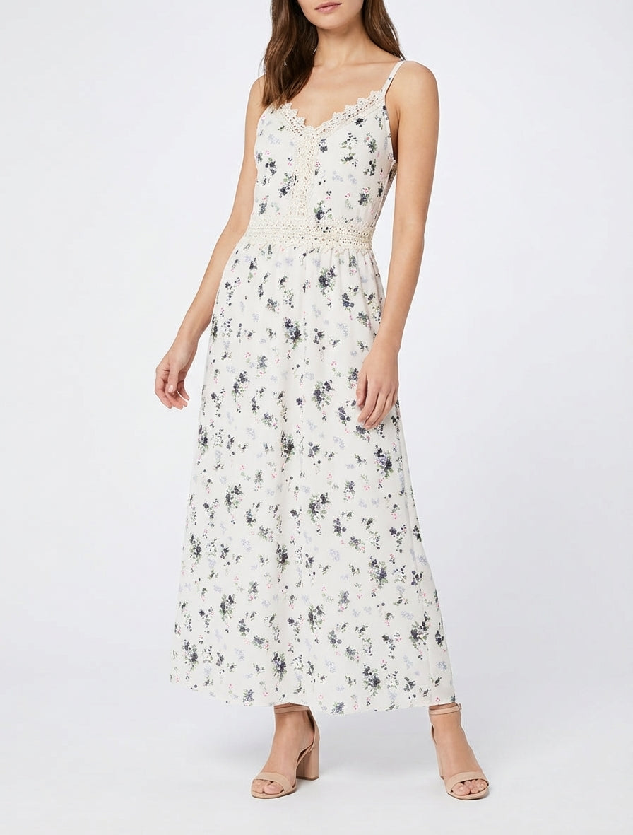 Langes Kleid mit kleinen Blumenmuster und Häkel-Details - Schwarz