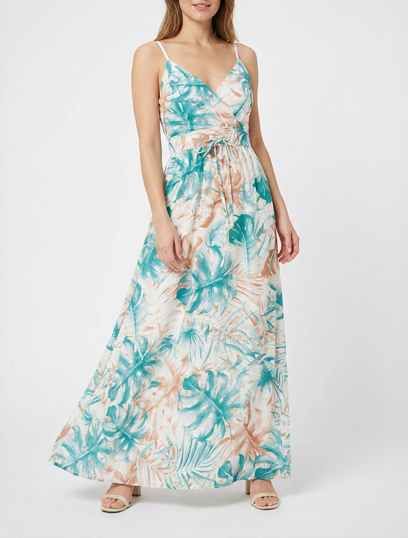 Langes Kleid mit elastischem Rücken und Blattdruck - Türkis