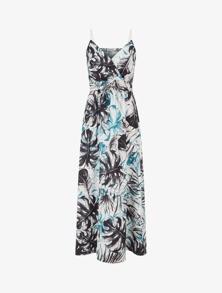 Robe longue à dos élastiqué imprimé feuillage - Noir - 1