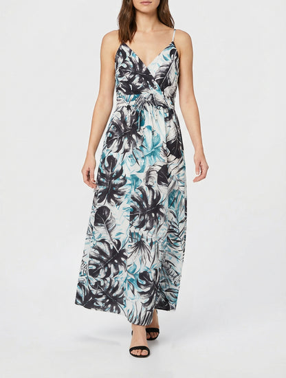 Langes Kleid mit elastischem Rücken und Blattdruck - Schwarz