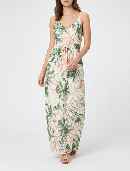 Langes Kleid mit elastischem Rücken und Blattdruck - Kaki