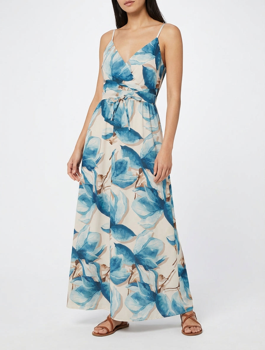 Langes Kleid mit elastischem Rücken und Blumenmuster - Entenblau