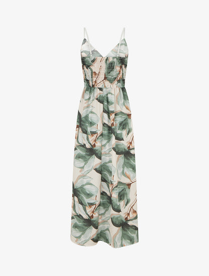 Robe longue à dos élastiqué imprimé fleuri - Kaki - 2