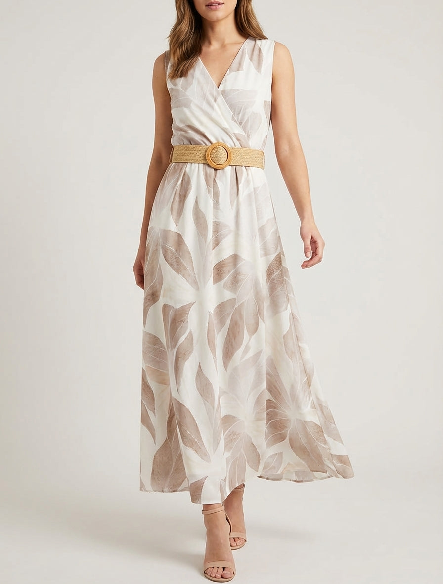 Blätterdruckkleid mit Wickelausschnitt - Beige
