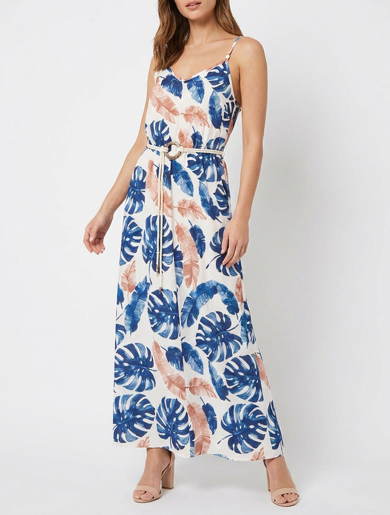 Langes Kleid mit Blattdruck und elastischer Taille - Marine
