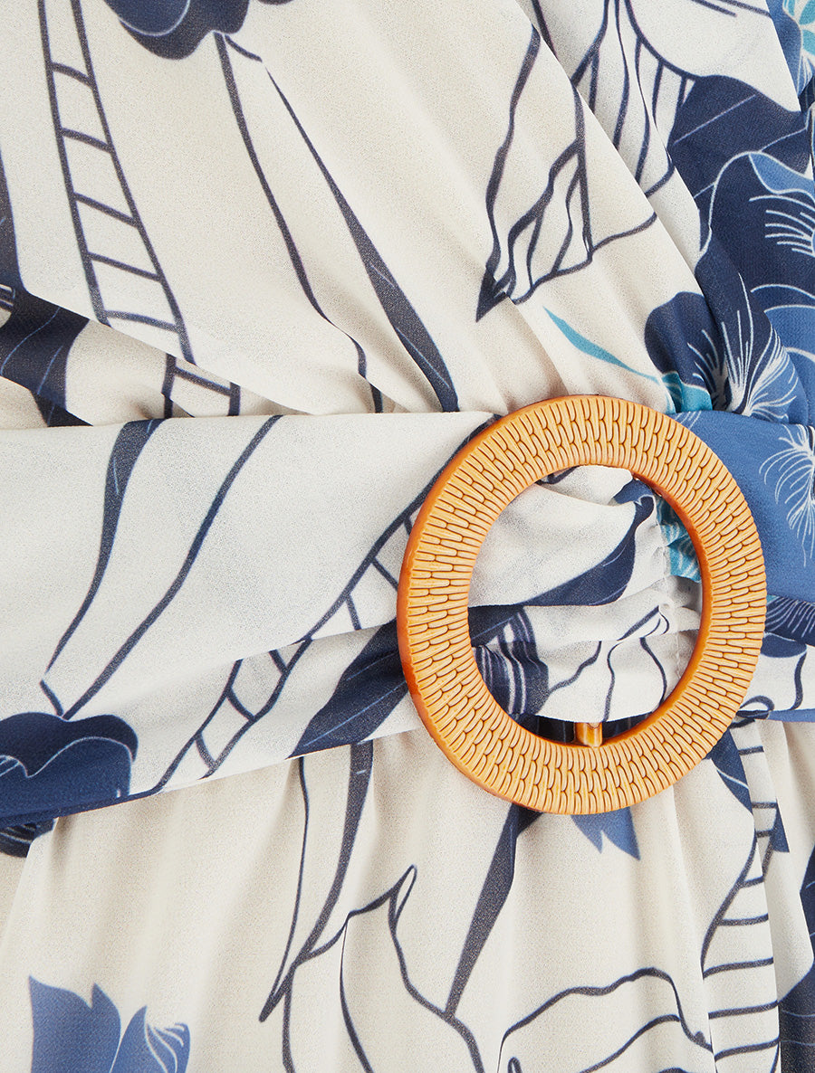 Robe mi-longue imprimé grandes fleurs à boucle - Marine - 3