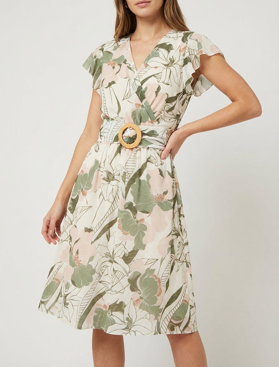 Midikleid mit großen Blumenmuster und Schnalle - Kaki