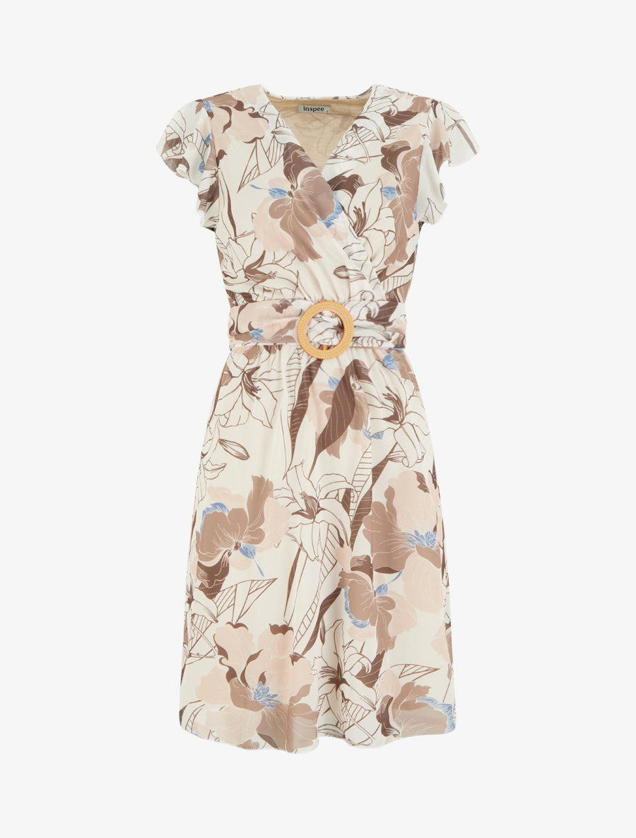 Robe mi-longue imprimé grandes fleurs à boucle - Marron - 1