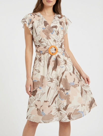 Midikleid mit großen Blumenmuster und Schnalle - Braun
