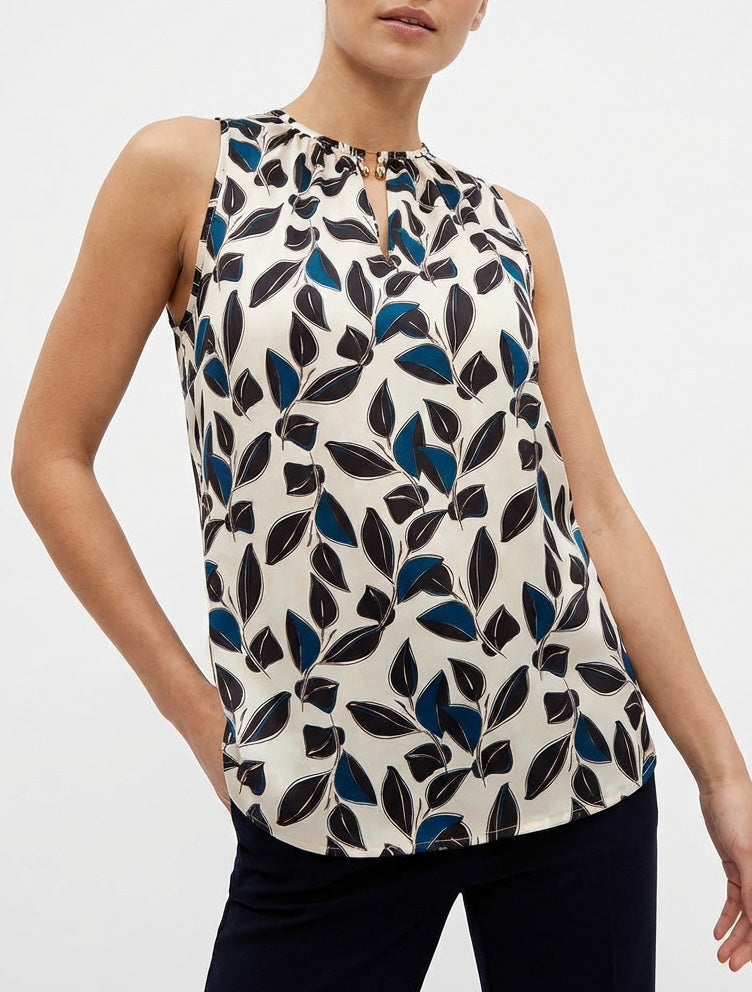 Ärmelloses Satin-Top mit Blätterdruck - Schwarz