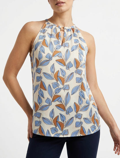 Ärmelloses Satin-Top mit Blätterdruck - Himmelblau
