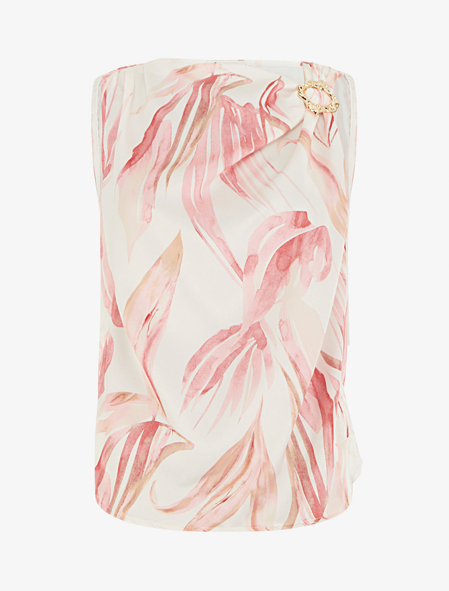 Top satiné imprimé feuilles et bretelle à bijou - Rose - 1