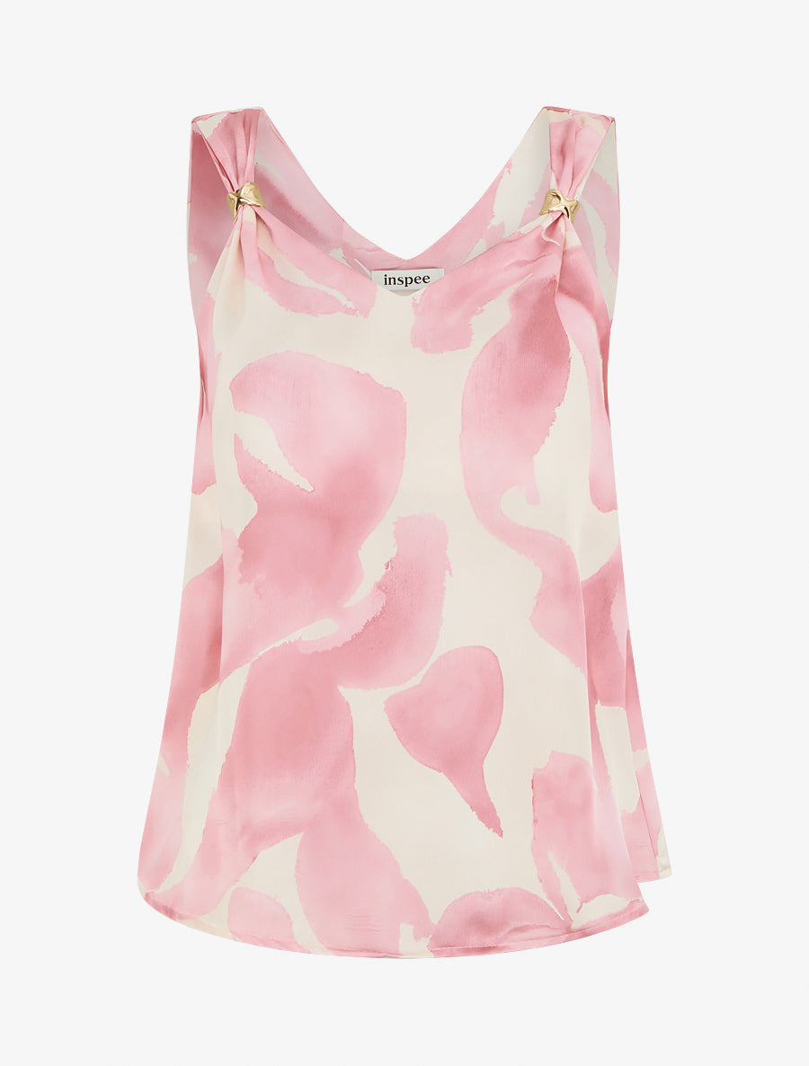 Top satiné imprimé fantaisie à bretelles bijoux - Rose - 1