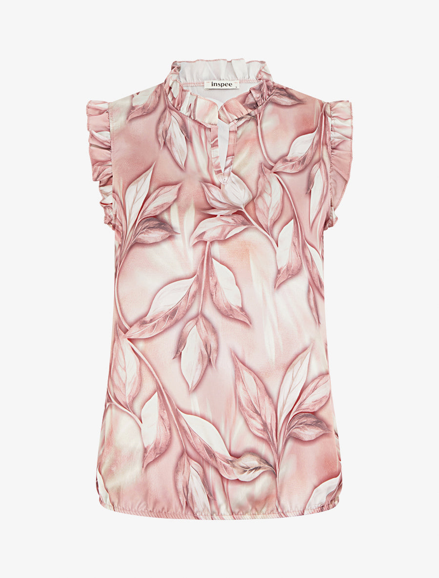 Top boule satiné imprimé feuillages - Vieux rose - 1