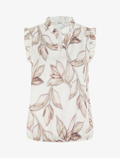 Top boule satiné imprimé feuillages - Beige - 1