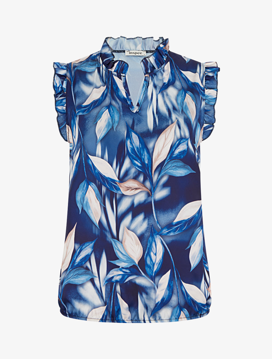 Top boule satiné imprimé feuillages - Marine - 1