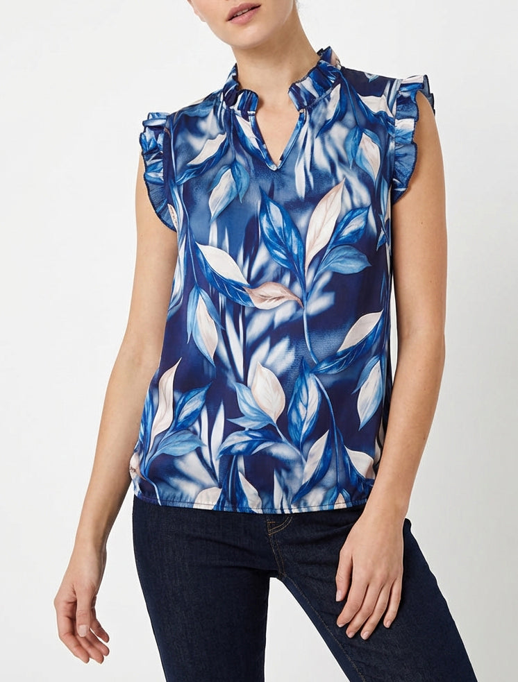 Top aus satin mit blätterdruck - Marine
