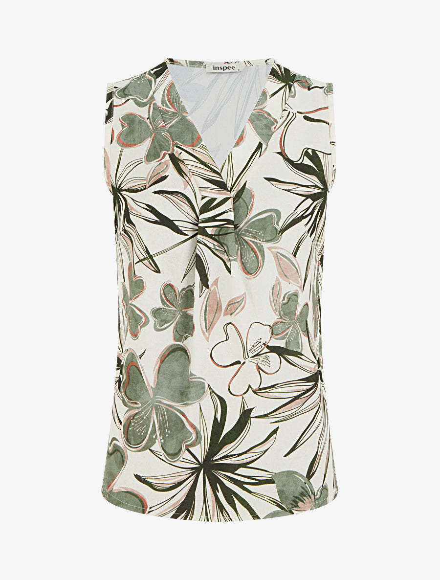 Top droit sans manches imprimé hibiscus - Kaki - 1