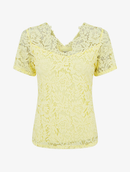 Top en dentelle à manches courtes - Jaune - 1