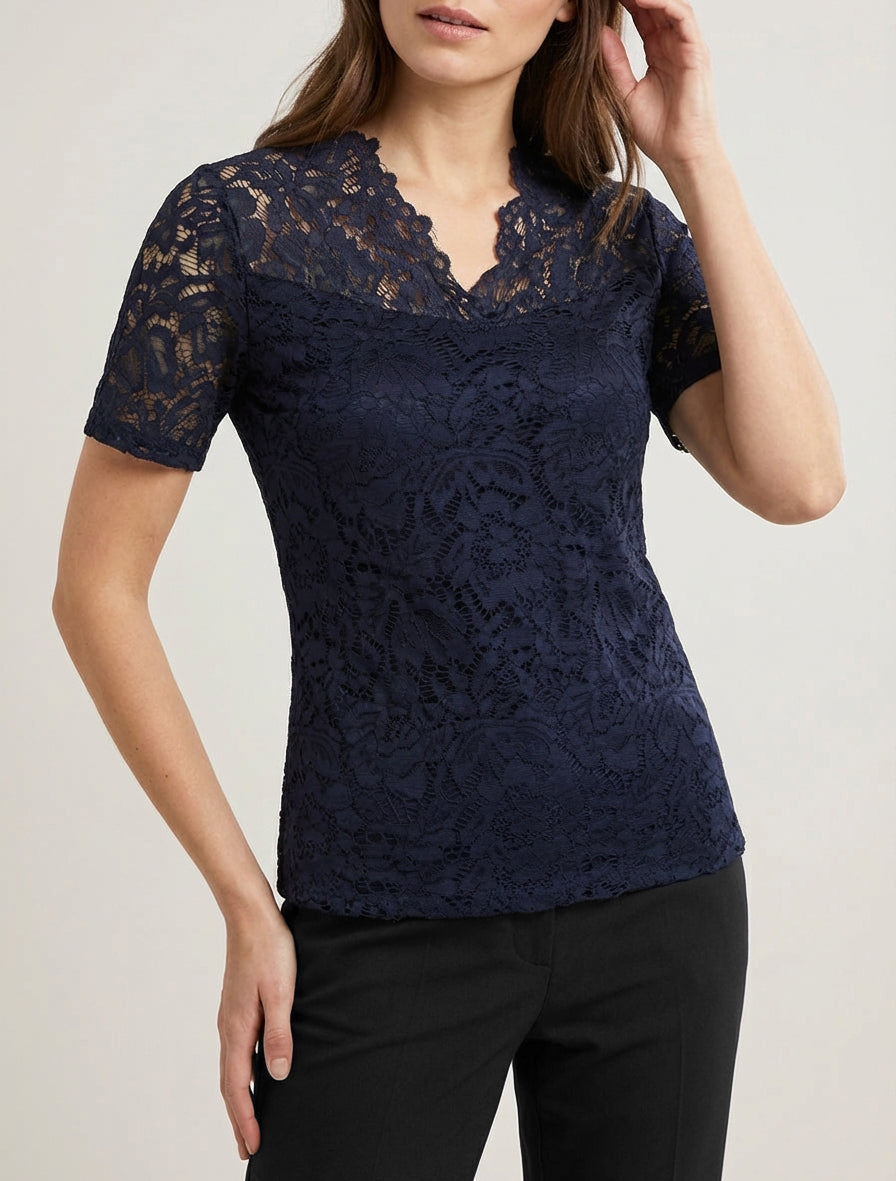 Spitzenoberteil mit kurzen Ärmeln - Marine