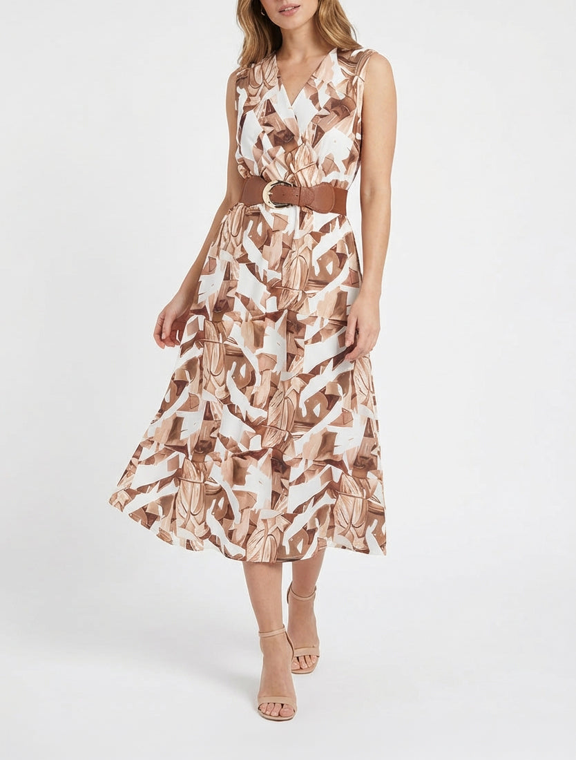 Ärmelloses Kleid mit Fantasiemuster - Kamel