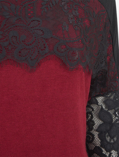 Pull fin dolman à bande dentelle - Bordeaux - 3