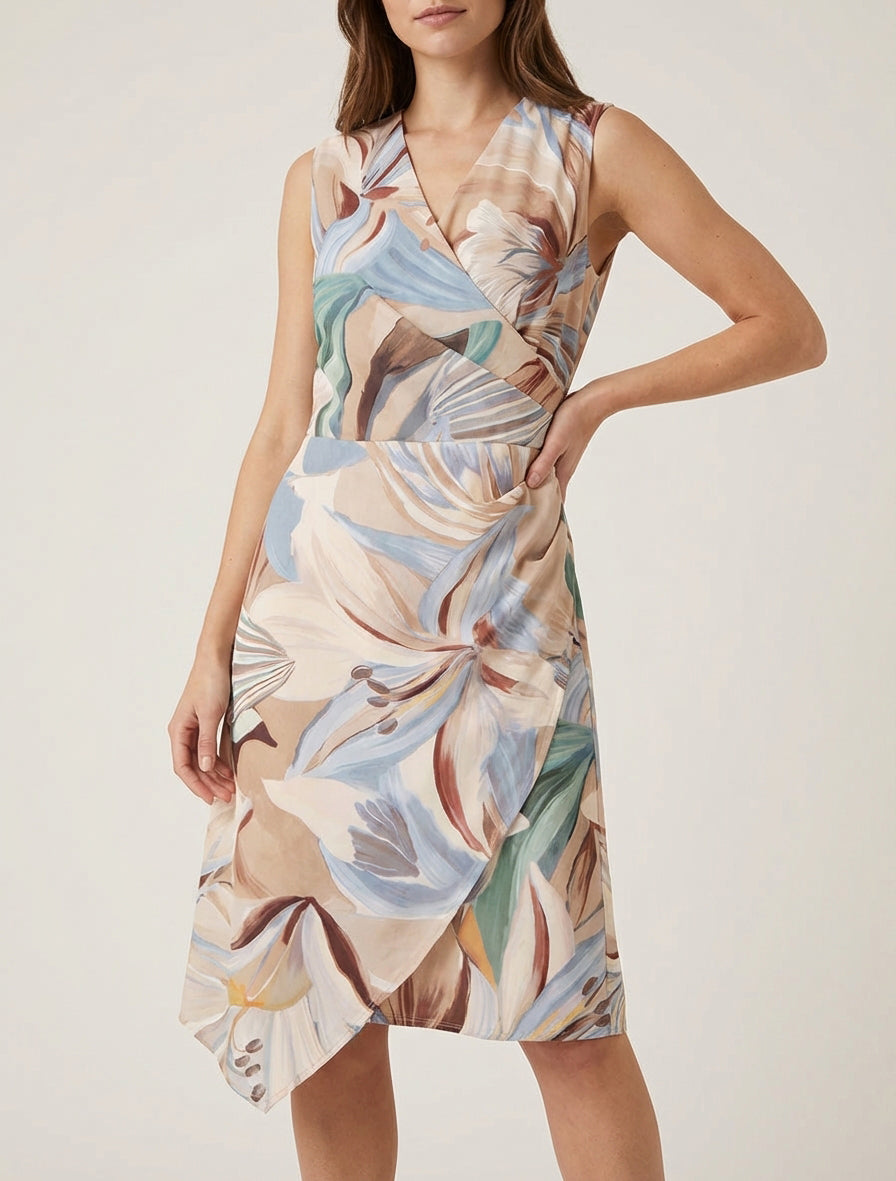 Ärmelloses Wickelkleid mit Lilienblumenmuster - Beige
