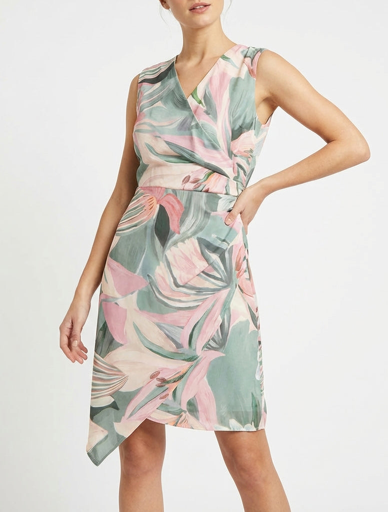 Ärmelloses Wickelkleid mit Lilienblumenmuster - Kaki