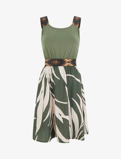 Robe imprimé graphique à taille élastiquée fantaisie - Kaki - 1