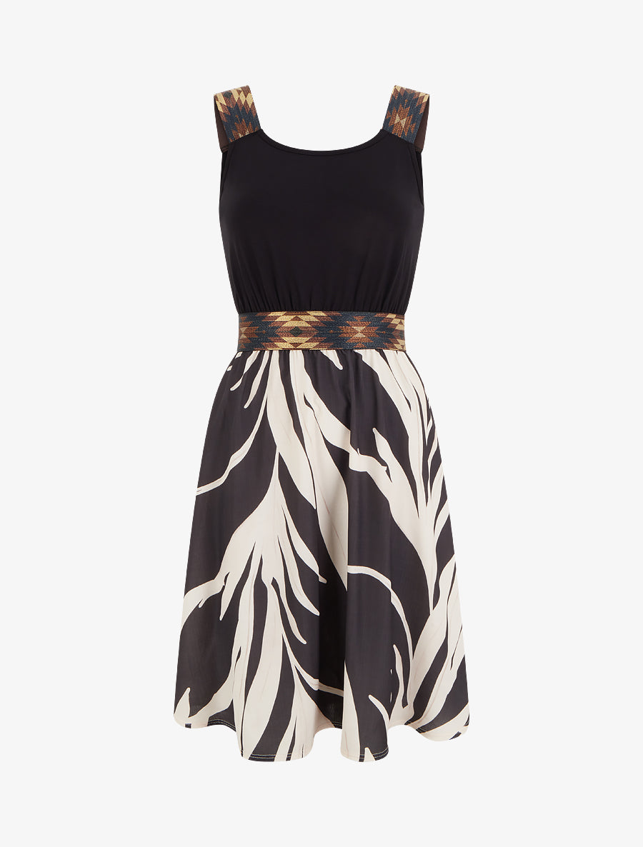 Robe imprimé graphique à taille élastiquée fantaisie - Noir - 1