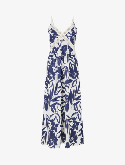 Robe fleurie à empiècement broderie - Marine - 1