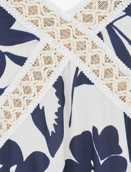 Robe fleurie à empiècement broderie - Marine - 3