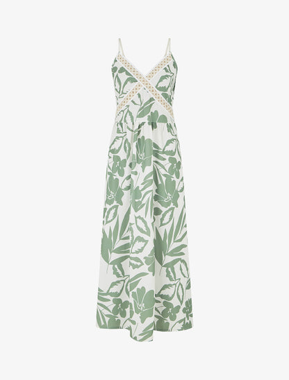 Robe fleurie à empiècement broderie - Kaki - 1