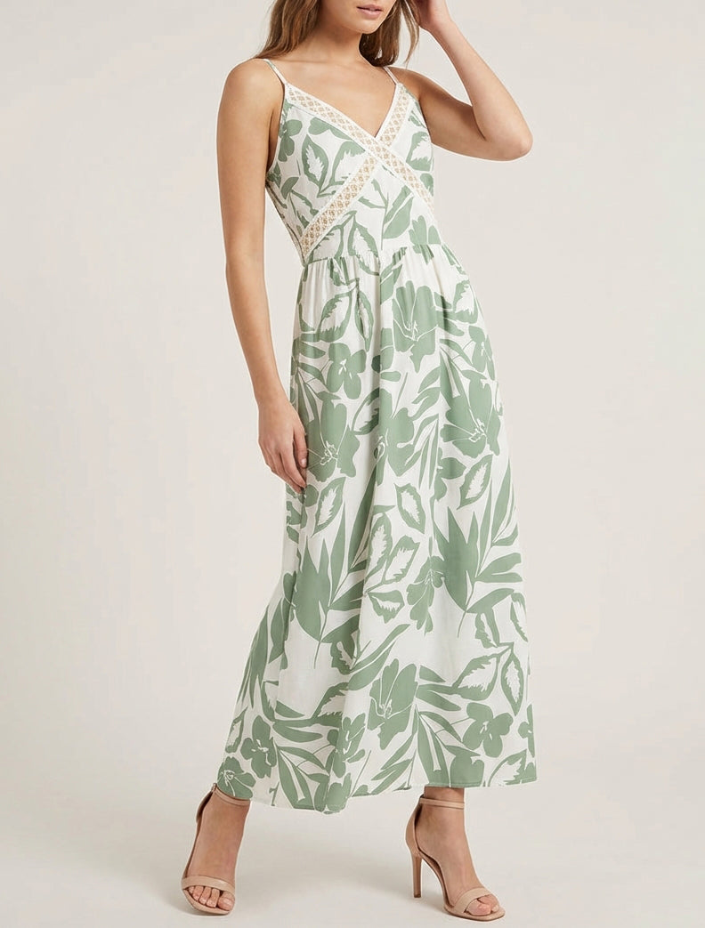 Geblümtes Kleid mit Stickereinsatz - Kaki
