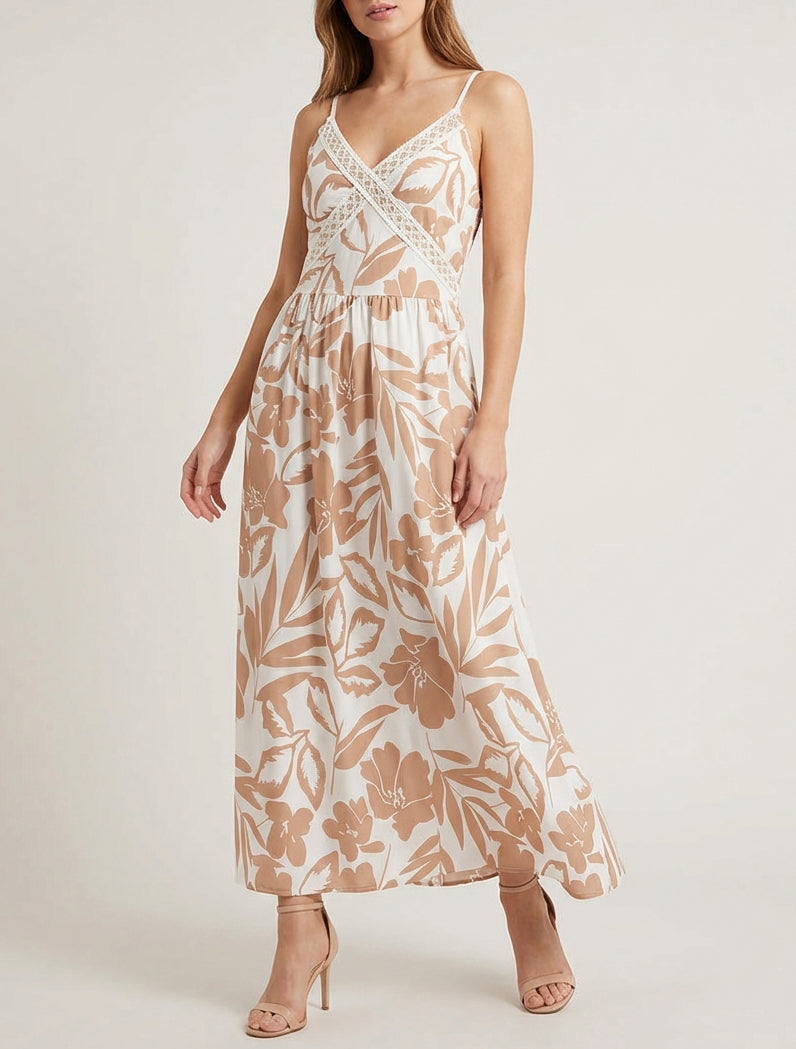Geblümtes Kleid mit Stickereinsatz - Kamel