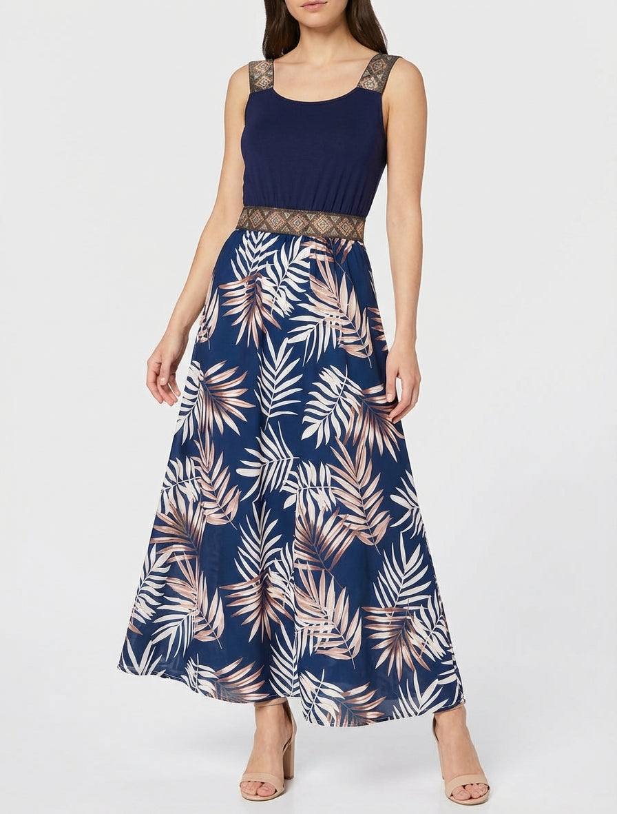 Kleid mit Blattdruck und stilisierten Trägern - Marine
