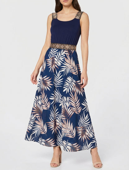 Kleid mit Blattdruck und stilisierten Trägern - Marine
