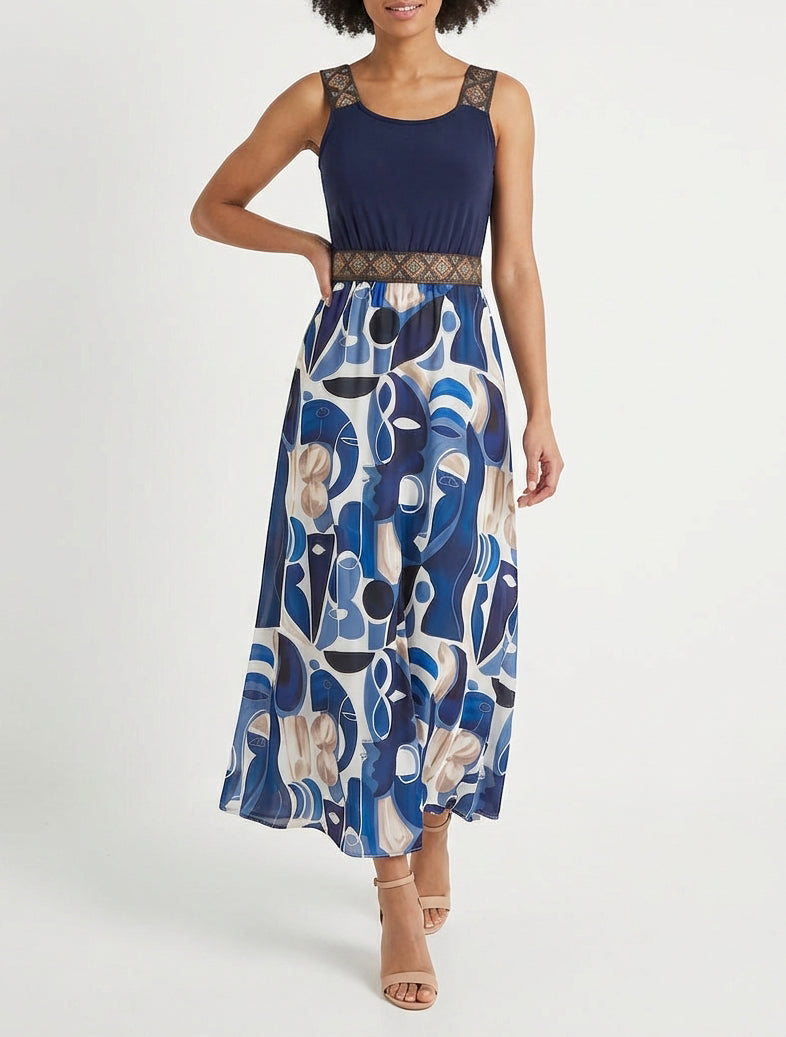 Kleid mit abstraktem Druck und stilisierten Trägern - Marine