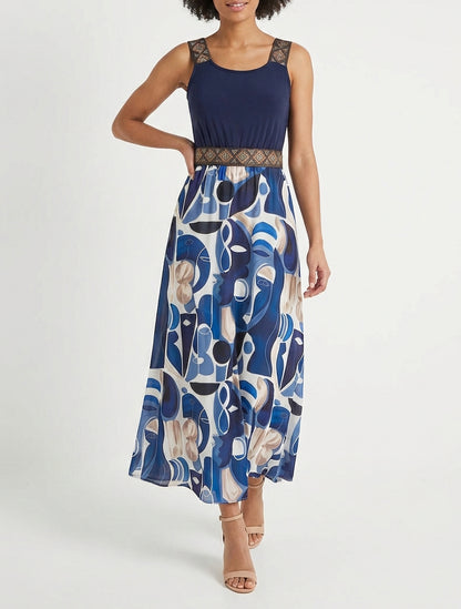 Kleid mit abstraktem Druck und stilisierten Trägern - Marine