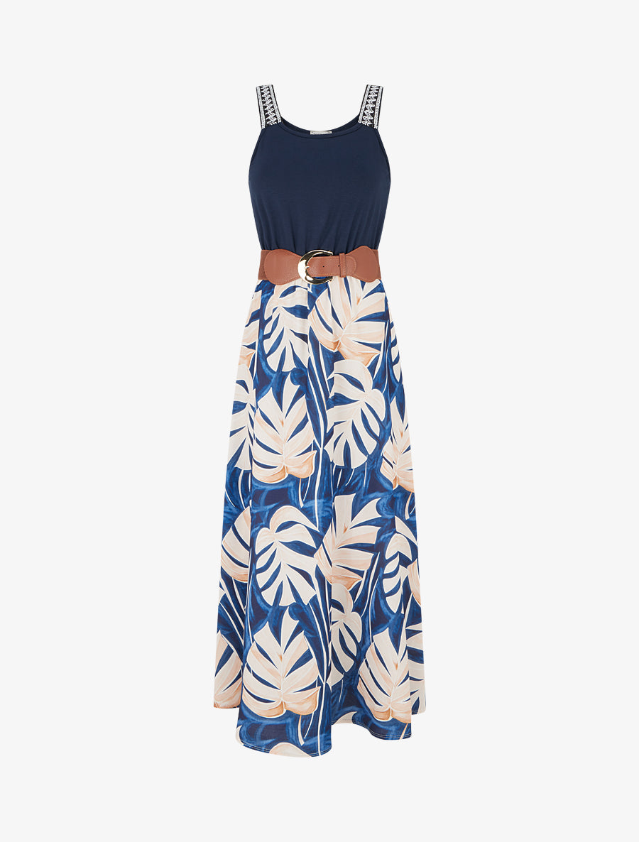 Robe longue imprimé feuillage - Marine - 1