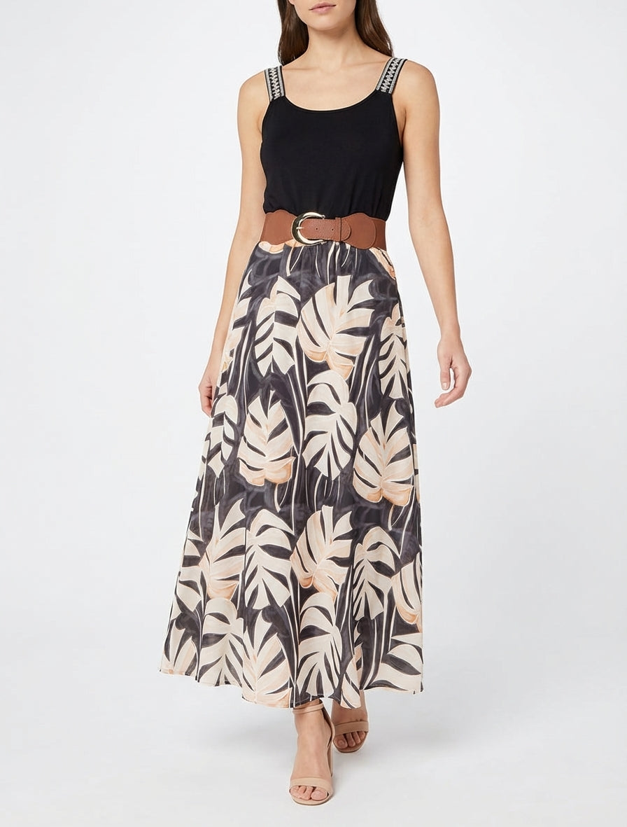 Langes Kleid mit Blätterdruck - Schwarz