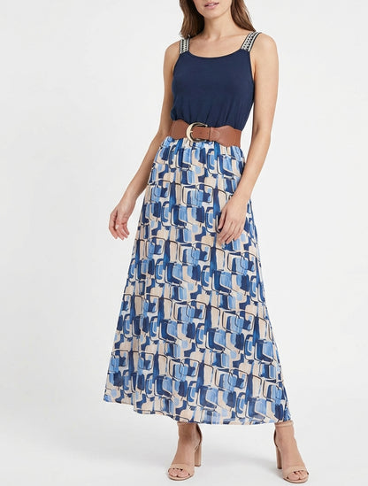 Langes Kleid mit grafischem Druck - Marine